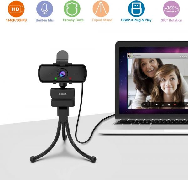 Fifine K420 Webcam 1440P, 2K Web Camera with Privacy Cover &amp; Tripod